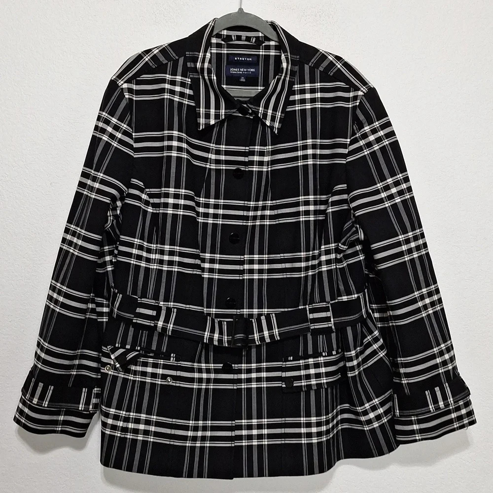 Jones New York Black White Preppy Plaid Belted Academia Pea Coat Plus Size 3X